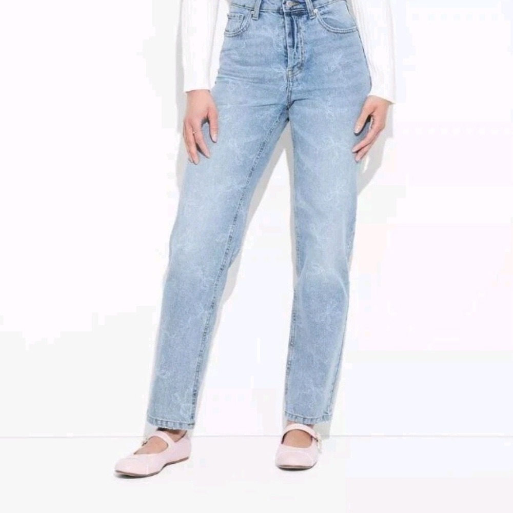 Wild Fable Floral High Rise Straight Jeans Size 6 Raw Hem Y2K Light Wash